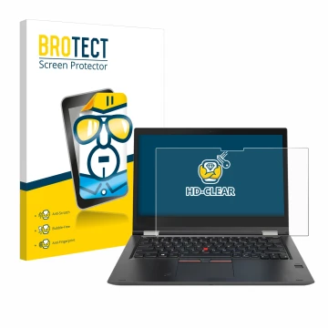 Vorderseite einer Produktverpackung mit dem Markenlogo BROTECT. Daneben ist das Gerät Lenovo ThinkPad Yoga X380 mit dem zugehö