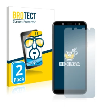 Vorderseite einer Produktverpackung mit dem Markenlogo BROTECT. Daneben ist das Gerät Samsung Galaxy A6 2018 mit dem zugehörig