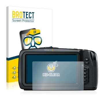 Vorderseite einer Produktverpackung mit dem Markenlogo BROTECT. Daneben ist das Gerät Blackmagic Pocket Cinema Camera 4K mit d