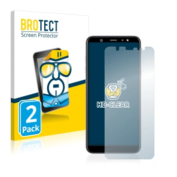 Vorderseite einer Produktverpackung mit dem Markenlogo BROTECT. Daneben ist das Gerät Samsung Galaxy A6 Plus 2018 mit dem zuge