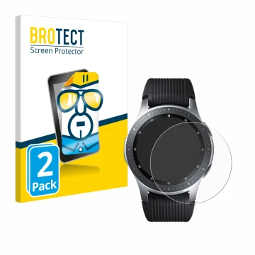 Vorderseite einer Produktverpackung mit dem Markenlogo BROTECT. Daneben ist das Gerät Samsung Galaxy Watch (46 mm) mit dem zug
