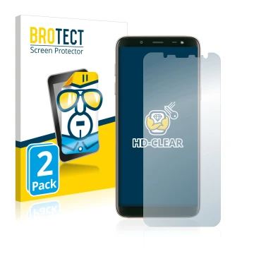 Vorderseite einer Produktverpackung mit dem Markenlogo BROTECT. Daneben ist das Gerät Samsung Galaxy J6 2018 mit dem zugehörig