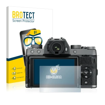 Vorderseite einer Produktverpackung mit dem Markenlogo BROTECT. Daneben ist das Gerät Fujifilm X-T100 mit dem zugehörigen Disp