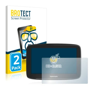 Vorderseite einer Produktverpackung mit dem Markenlogo BROTECT. Daneben ist das Gerät TomTom GO Basic 5
