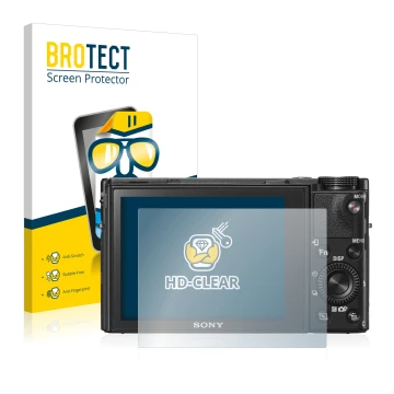 Vorderseite einer Produktverpackung mit dem Markenlogo BROTECT. Daneben ist das Gerät Sony Cyber-Shot DSC-RX100 VI mit dem zug