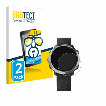 Vorderseite einer Produktverpackung mit dem Markenlogo BROTECT. Daneben ist das Gerät Garmin Forerunner 645 Music mit dem zuge