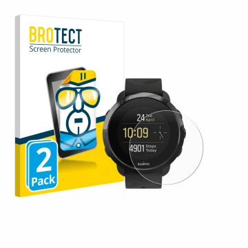 Vorderseite einer Produktverpackung mit dem Markenlogo BROTECT. Daneben ist das Gerät Suunto 3 Fitness mit dem zugehörigen Dis