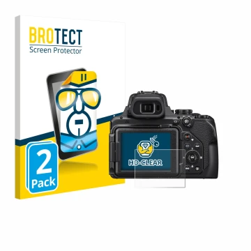 Vorderseite einer Produktverpackung mit dem Markenlogo BROTECT. Daneben ist das Gerät Nikon Coolpix P1000 mit dem zugehörigen 