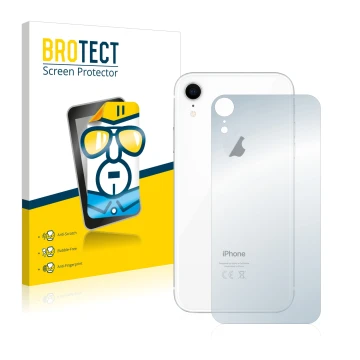 Vorderseite einer Produktverpackung mit dem Markenlogo BROTECT. Daneben ist das Gerät Apple iPhone XR (Rückseite) mit dem zuge