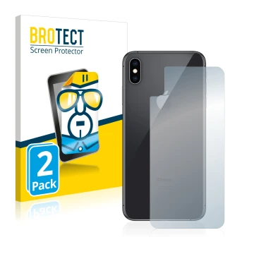 Vorderseite einer Produktverpackung mit dem Markenlogo BROTECT. Daneben ist das Gerät Apple iPhone Xs Max (Rückseite) mit dem 