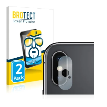 Vorderseite einer Produktverpackung mit dem Markenlogo BROTECT. Daneben ist das Gerät Apple iPhone Xs Max (NUR Kameraschutz) m