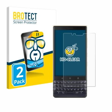 Vorderseite einer Produktverpackung mit dem Markenlogo BROTECT. Daneben ist das Gerät BlackBerry Key2 LE mit dem zugehörigen D