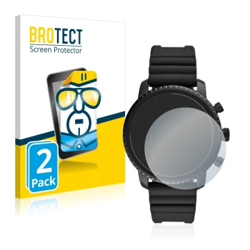Vorderseite einer Produktverpackung mit dem Markenlogo BROTECT. Daneben ist das Gerät Fossil Q Explorist HR (4.Gen) mit dem zu