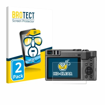 Vorderseite einer Produktverpackung mit dem Markenlogo BROTECT. Daneben ist das Gerät Panasonic Lumix DC-TZ90 mit dem zugehöri
