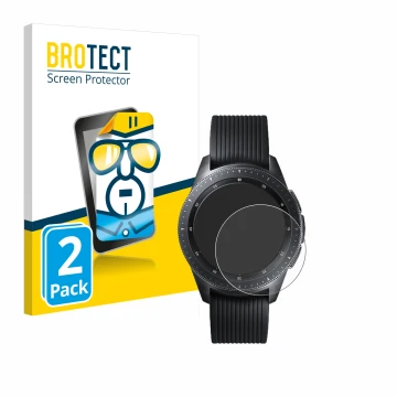 Vorderseite einer Produktverpackung mit dem Markenlogo BROTECT. Daneben ist das Gerät Samsung Galaxy Watch (42 mm) mit dem zug