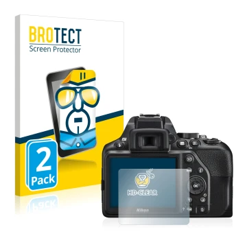 Vorderseite einer Produktverpackung mit dem Markenlogo BROTECT. Daneben ist das Gerät Nikon D3500 mit dem zugehörigen Displays