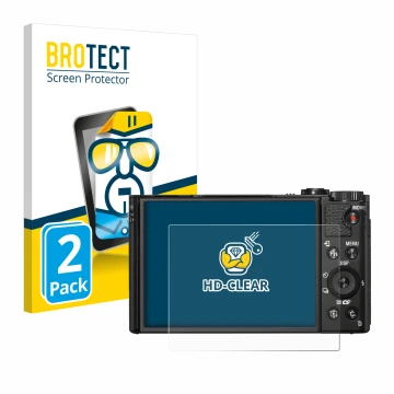 Vorderseite einer Produktverpackung mit dem Markenlogo BROTECT. Daneben ist das Gerät Sony Cyber-Shot DSC-HX99 mit dem zugehör