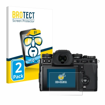 Vorderseite einer Produktverpackung mit dem Markenlogo BROTECT. Daneben ist das Gerät Fujifilm X-T3 mit dem zugehörigen Displa