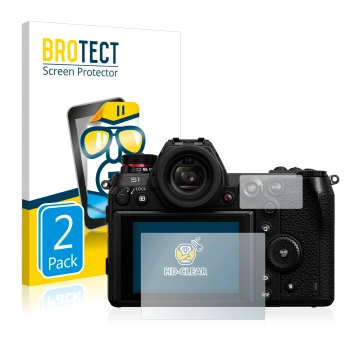 Vorderseite einer Produktverpackung mit dem Markenlogo BROTECT. Daneben ist das Gerät Panasonic Lumix DC-S1 mit dem zugehörige