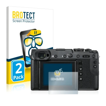 Vorderseite einer Produktverpackung mit dem Markenlogo BROTECT. Daneben ist das Gerät Fujifilm GFX 50R mit dem zugehörigen Dis