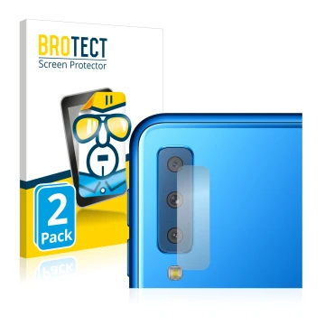 Vorderseite einer Produktverpackung mit dem Markenlogo BROTECT. Daneben ist das Gerät Samsung Galaxy A7 2018 (NUR Kameraschutz
