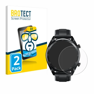 Vorderseite einer Produktverpackung mit dem Markenlogo BROTECT. Daneben ist das Gerät Huawei Watch GT (46 mm) 2018 mit dem zug