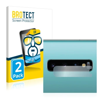 Vorderseite einer Produktverpackung mit dem Markenlogo BROTECT. Daneben ist das Gerät Samsung Galaxy S10 Plus (NUR Kameraschut