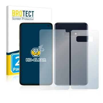 Vorderseite einer Produktverpackung mit dem Markenlogo BROTECT. Daneben ist das Gerät Samsung Galaxy S10e (Display+Rückseite) 