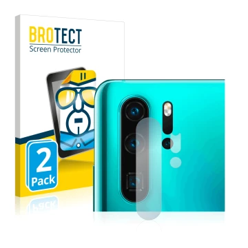 Vorderseite einer Produktverpackung mit dem Markenlogo BROTECT. Daneben ist das Gerät Huawei P30 Pro (NUR Kameraschutz) mit de