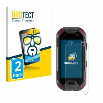 Vorderseite einer Produktverpackung mit dem Markenlogo BROTECT. Daneben ist das Gerät Unihertz Atom mit dem zugehörigen Displa