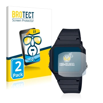 Vorderseite einer Produktverpackung mit dem Markenlogo BROTECT. Daneben ist das Gerät Casio Unisex A168WA-1YES mit dem zugehör