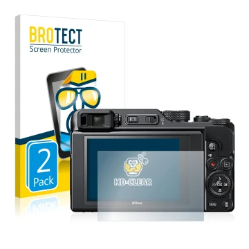 Vorderseite einer Produktverpackung mit dem Markenlogo BROTECT. Daneben ist das Gerät Nikon Coolpix A1000 mit dem zugehörigen 
