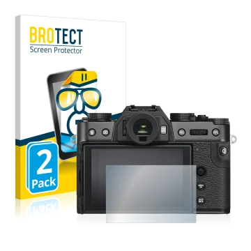 Vorderseite einer Produktverpackung mit dem Markenlogo BROTECT. Daneben ist das Gerät Fujifilm X-T30 mit dem zugehörigen Displ