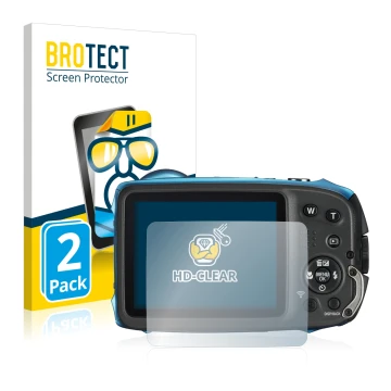 Vorderseite einer Produktverpackung mit dem Markenlogo BROTECT. Daneben ist das Gerät Fujifilm FinePix XP140 mit dem zugehörig