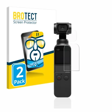 Vorderseite einer Produktverpackung mit dem Markenlogo BROTECT. Daneben ist das Gerät DJI Osmo Pocket (Display + Linse) mit de