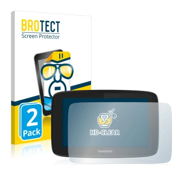 Vorderseite einer Produktverpackung mit dem Markenlogo BROTECT. Daneben ist das Gerät TomTom GO Essential (5