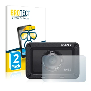 Vorderseite einer Produktverpackung mit dem Markenlogo BROTECT. Daneben ist das Gerät Sony DSC-RX0M2 (RX0 II) (Linse) mit dem 