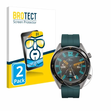 Vorderseite einer Produktverpackung mit dem Markenlogo BROTECT. Daneben ist das Gerät Huawei Watch GT Active mit dem zugehörig