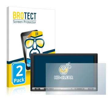 Vorderseite einer Produktverpackung mit dem Markenlogo BROTECT. Daneben ist das Gerät Sony XAV-AX3005DB mit dem zugehörigen Di