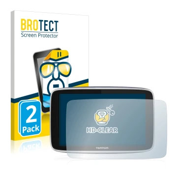 Vorderseite einer Produktverpackung mit dem Markenlogo BROTECT. Daneben ist das Gerät TomTom GO Premium (5