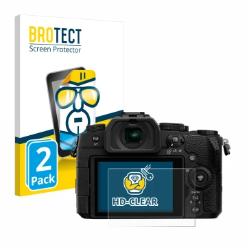 Vorderseite einer Produktverpackung mit dem Markenlogo BROTECT. Daneben ist das Gerät Panasonic Lumix DC-G91 mit dem zugehörig