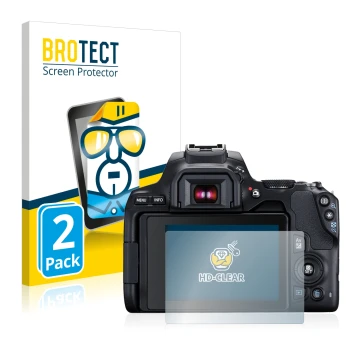 Vorderseite einer Produktverpackung mit dem Markenlogo BROTECT. Daneben ist das Gerät Canon EOS 250D mit dem zugehörigen Displ