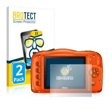 Vorderseite einer Produktverpackung mit dem Markenlogo BROTECT. Daneben ist das Gerät Nikon Coolpix W150 mit dem zugehörigen D