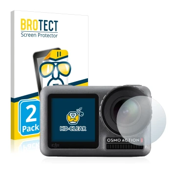 Vorderseite einer Produktverpackung mit dem Markenlogo BROTECT. Daneben ist das Gerät DJI Osmo Action (Linse) mit dem zugehöri