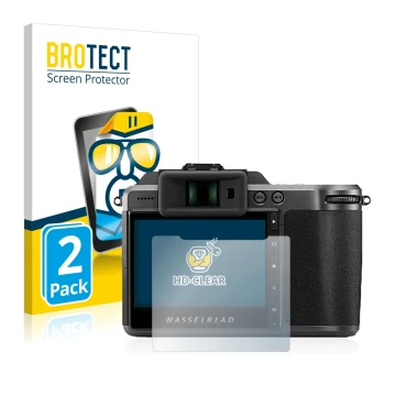 Vorderseite einer Produktverpackung mit dem Markenlogo BROTECT. Daneben ist das Gerät Hasselblad X1D II 50C mit dem zugehörige