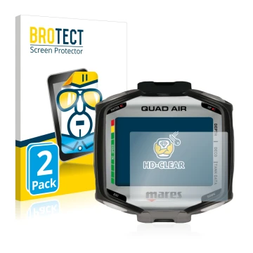 Vorderseite einer Produktverpackung mit dem Markenlogo BROTECT. Daneben ist das Gerät Mares Quad Air mit dem zugehörigen Displ