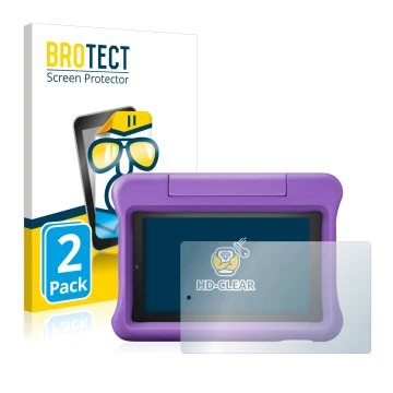Vorderseite einer Produktverpackung mit dem Markenlogo BROTECT. Daneben ist das Gerät Amazon Fire 7 Kids Edition 2019 (9. Gen.