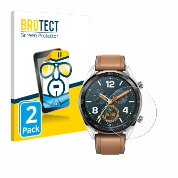 Vorderseite einer Produktverpackung mit dem Markenlogo BROTECT. Daneben ist das Gerät Huawei Watch GT Classic mit dem zugehöri