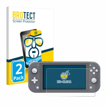 Vorderseite einer Produktverpackung mit dem Markenlogo BROTECT. Daneben ist das Gerät Nintendo Switch Lite mit dem zugehörigen