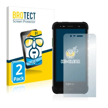 Vorderseite einer Produktverpackung mit dem Markenlogo BROTECT. Daneben ist das Gerät Cyrus CS45 XA mit dem zugehörigen Displa
